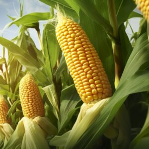 Closeup corn cobs in corn plantation field. Generative AI