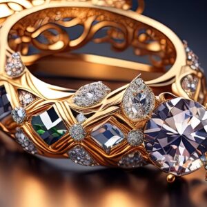 Jewelry ring with diamonds and precious stones. 3d illustration