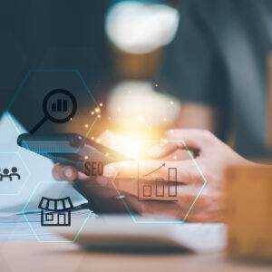 Marketer showing SEO concept ,optimization analysis tools , search engine rankings , social media sites based on results analysis data ,Website Search Optimization ,online marketing strategy